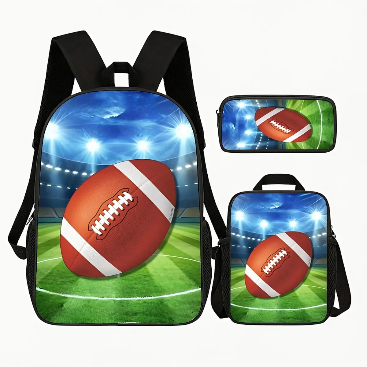 3pcs American Football - Rugby Stadium Football Field Night Game Large Sports Ball Laptop Backpack Travel Bag for Men College Fans Tailgating Gear
