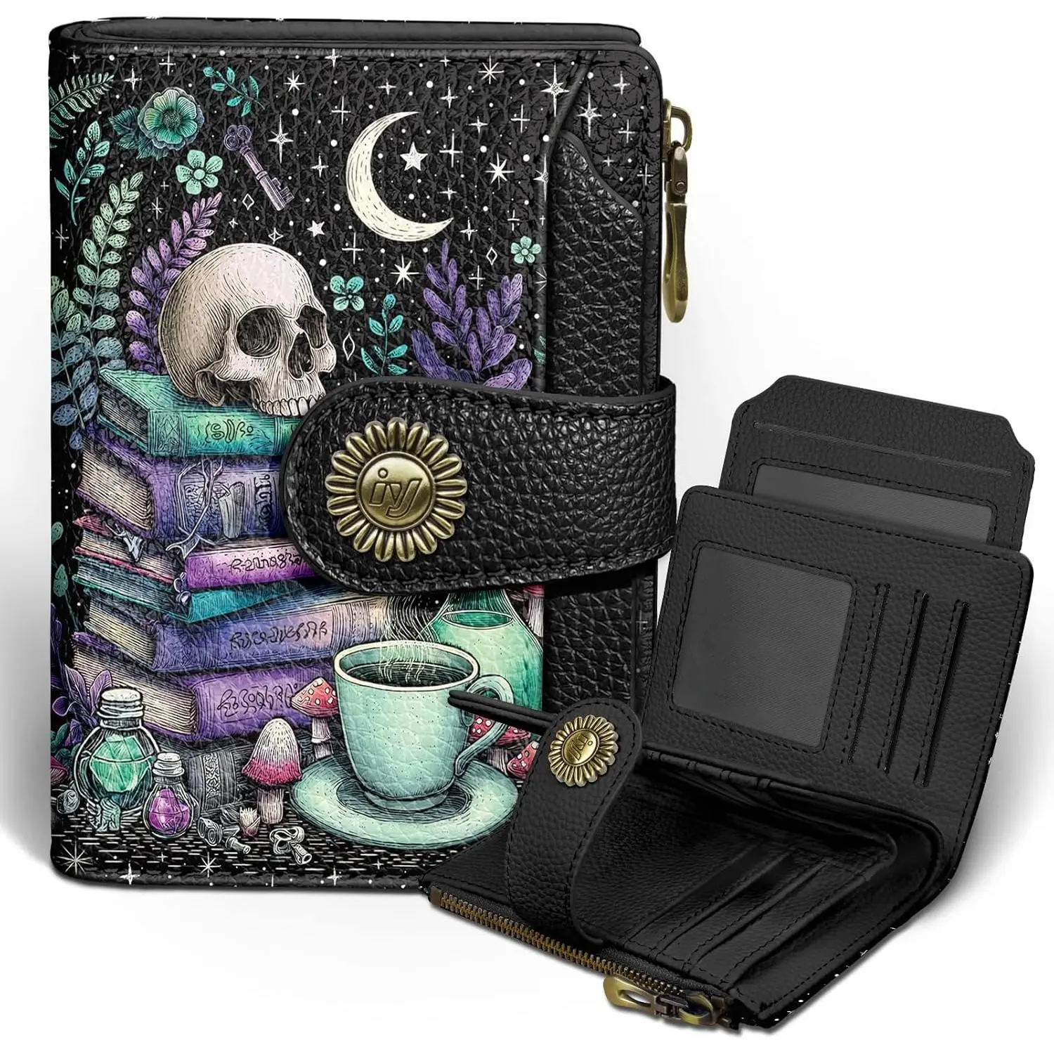 Goth Gothic Skull Small Wallet Women RFID Blocking Bifold, Credit Card Holder, Zipper Coin Pocket, PU Leather, Funny Witchy, Compact, Travel, 4 ID Window 14 Card Slots, Cash Purse, Ladies Woman