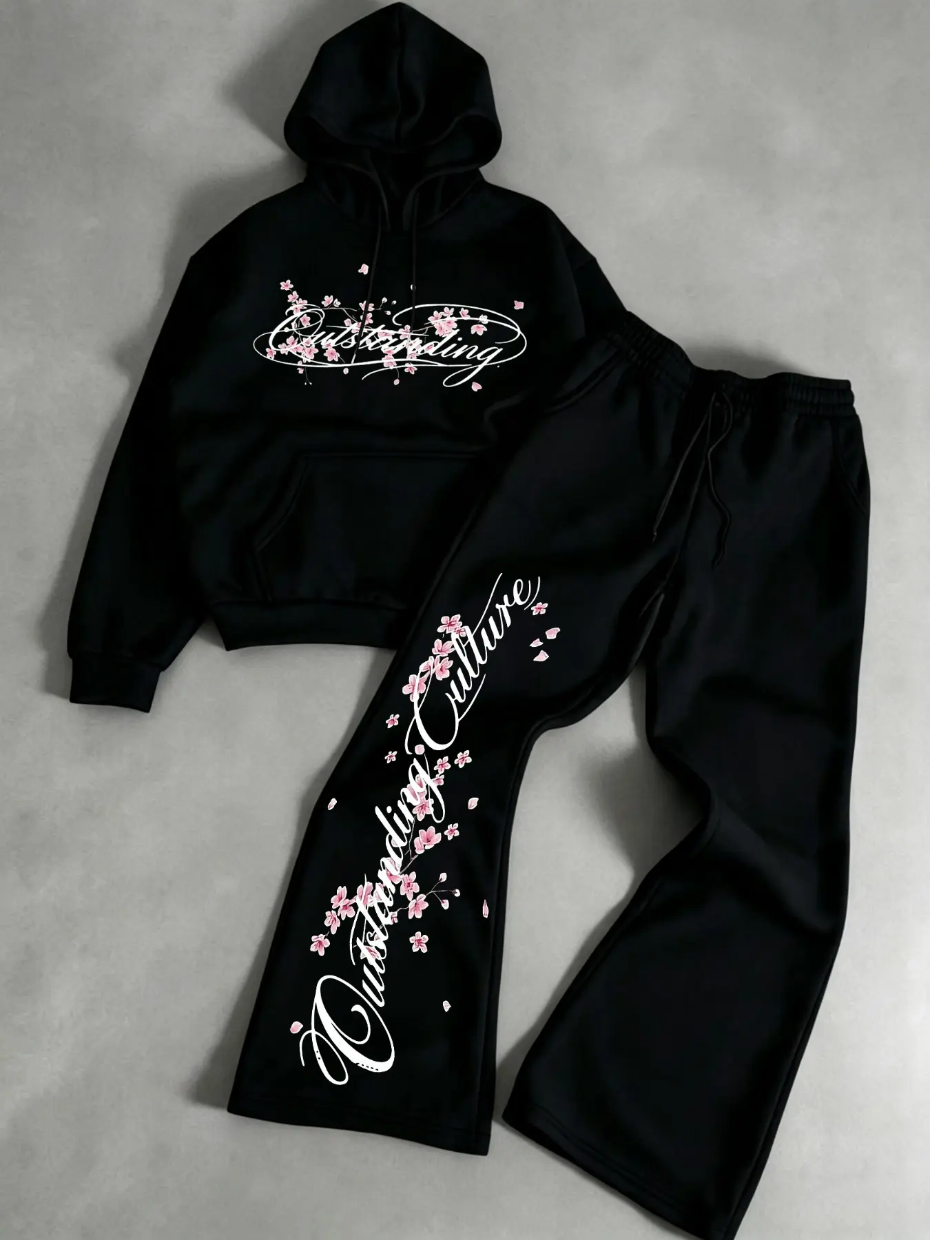 Men's Two-Piece Fashion Casual Set, Cherry Blossom Print Hoodie and Drawstring Wide Leg Pants, Spring Fall Winter Streetwear