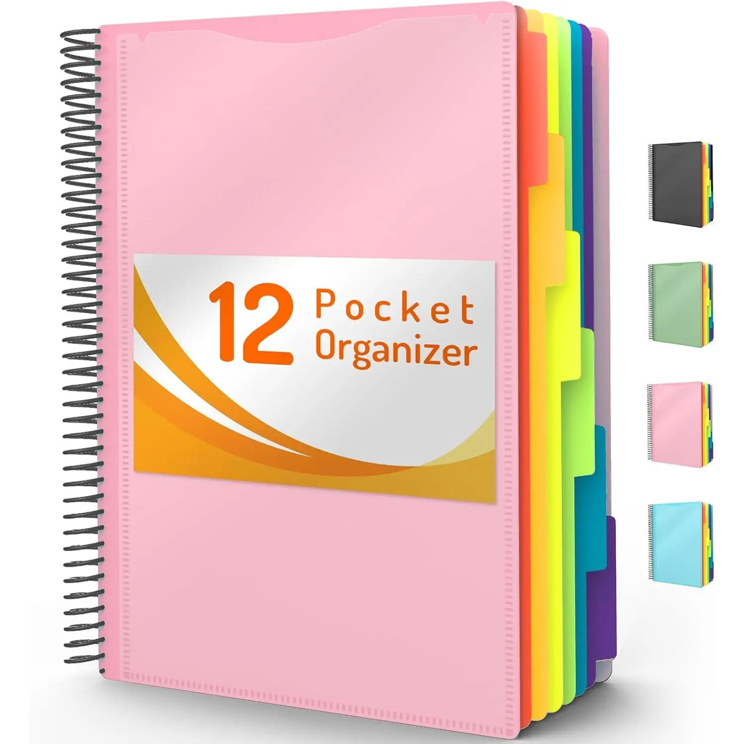 12 Pocket Project Organizer, 1/6-cut Tab Binder Organizer with Sticky Labels, Multi Pocket Folder with Zipper Pouch, Folder Binder Spiral Pocket Notebook, Office Supplies, Letter Size,