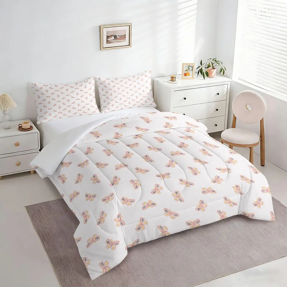 2/3Pcs Cute Butterfly Print Comforter Set, Soft Microfiber Bedding Set for Girls Bedroom, Lightweight Quilt Bedspread with Pillowcase, Aesthetic Dorm Room Bedding Decor for Kids & Teens, All-Season No Pillow Core