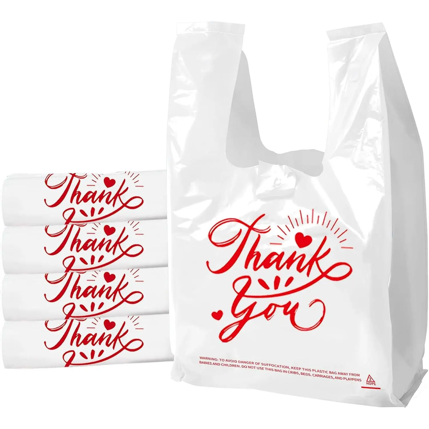 100 Pack White Thank You T-Shirt Bags - 11.5"x6.5"x21"  Grocery Bags with Handles,  Retail Packaging for Supermarket & Small Business