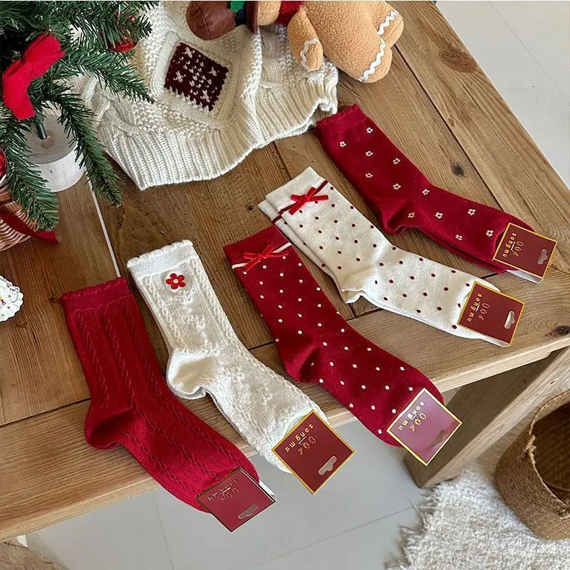 New Christmas Socks, Bright Red Autumn & Winter Women's Socks with Cartoon Stripes, 3D Mid-Calf Socks