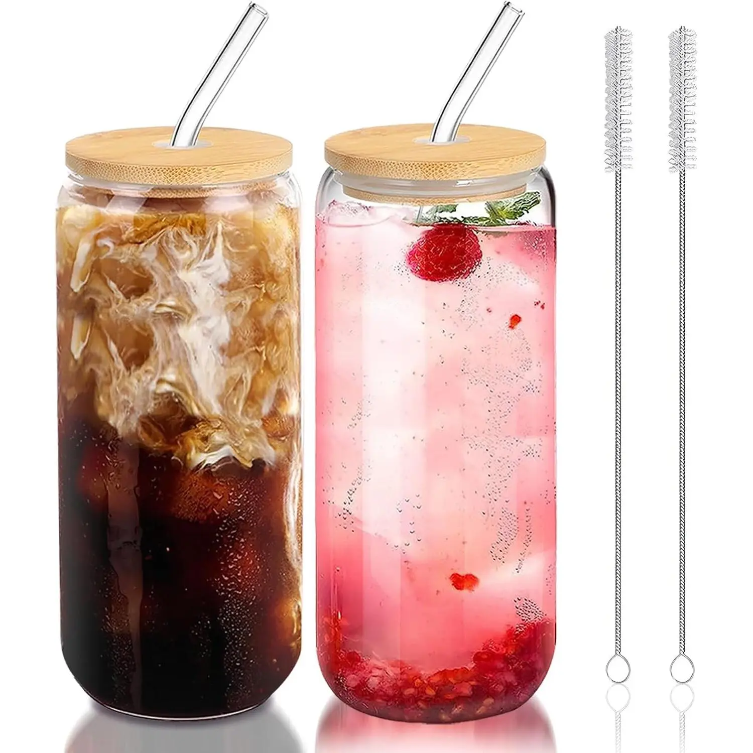 20 oz Can-Shaped Glass Cups with Bamboo Lids and Straws, Set of 2 - Iced Coffee & Cold Brew Glasses for Beer, Aesthetic Coffee Bar Gift for Coffee Lovers