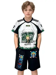 Authentic Genuine Licensed Official One Piece Boys 2Pcs Outfit Set, Roronoa Zoro Q Version No.27 Flame Print White Green Raglan Sport Jersey T-shirt & Skull Logo Black Shorts Kids Suit, Soft Airy Stretch Fabric Casual Outfit Only for Boys 4-14, Soccer Law