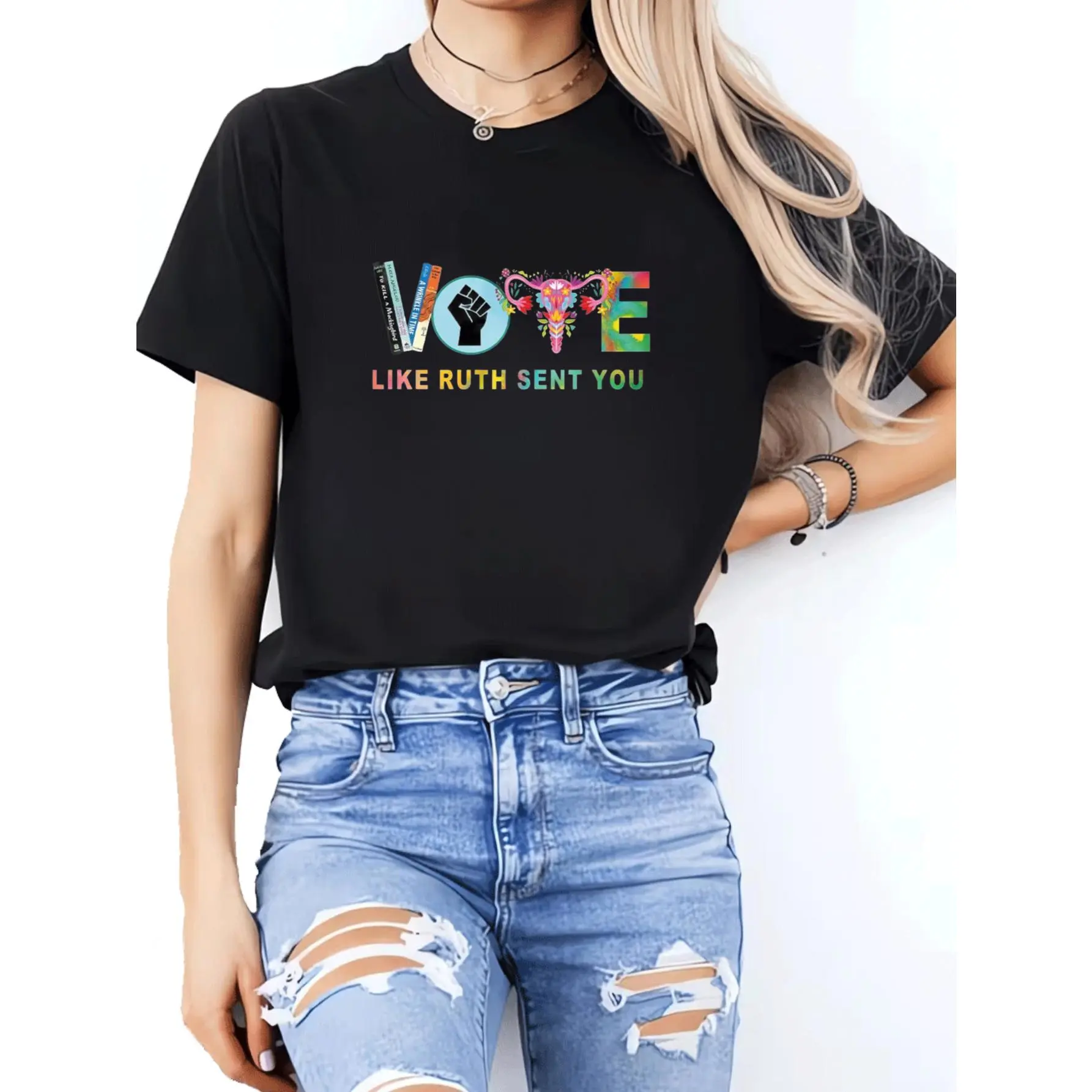 Women's Fitted Graphic T-Shirt, Soft Cotton 'Vote Like Ruth Sent You' Empowerment Top, Casual Fashion Basics, Tops, Wedding, Geometric, Empowerment Design, Figure, Preppy, Shortsleeve, Round Neck, Lady, Thanksgiving, Easter, Valentines Day, Sporty Chic, D