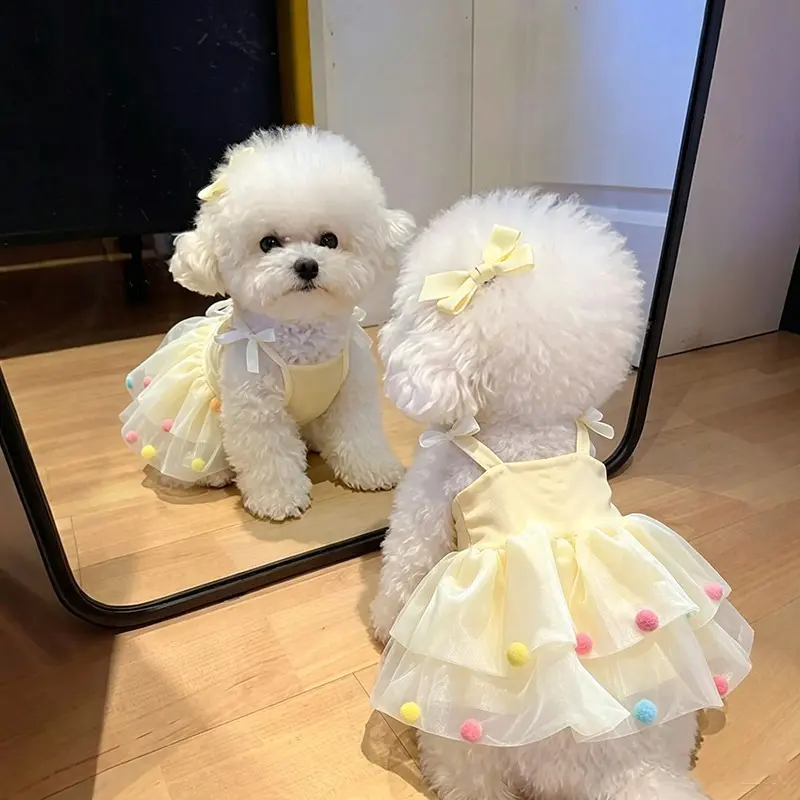 Cute Dog Princess Tulle Dress for Small Dogs, Fall Autumn Dog Sling Skirt with Color Pom Pom, Breathable Mesh Ruffle Puppy Party Wedding Dress, Fashion Pet Clothes Outfit for Bichon Poodle Chihuahua Yorkie