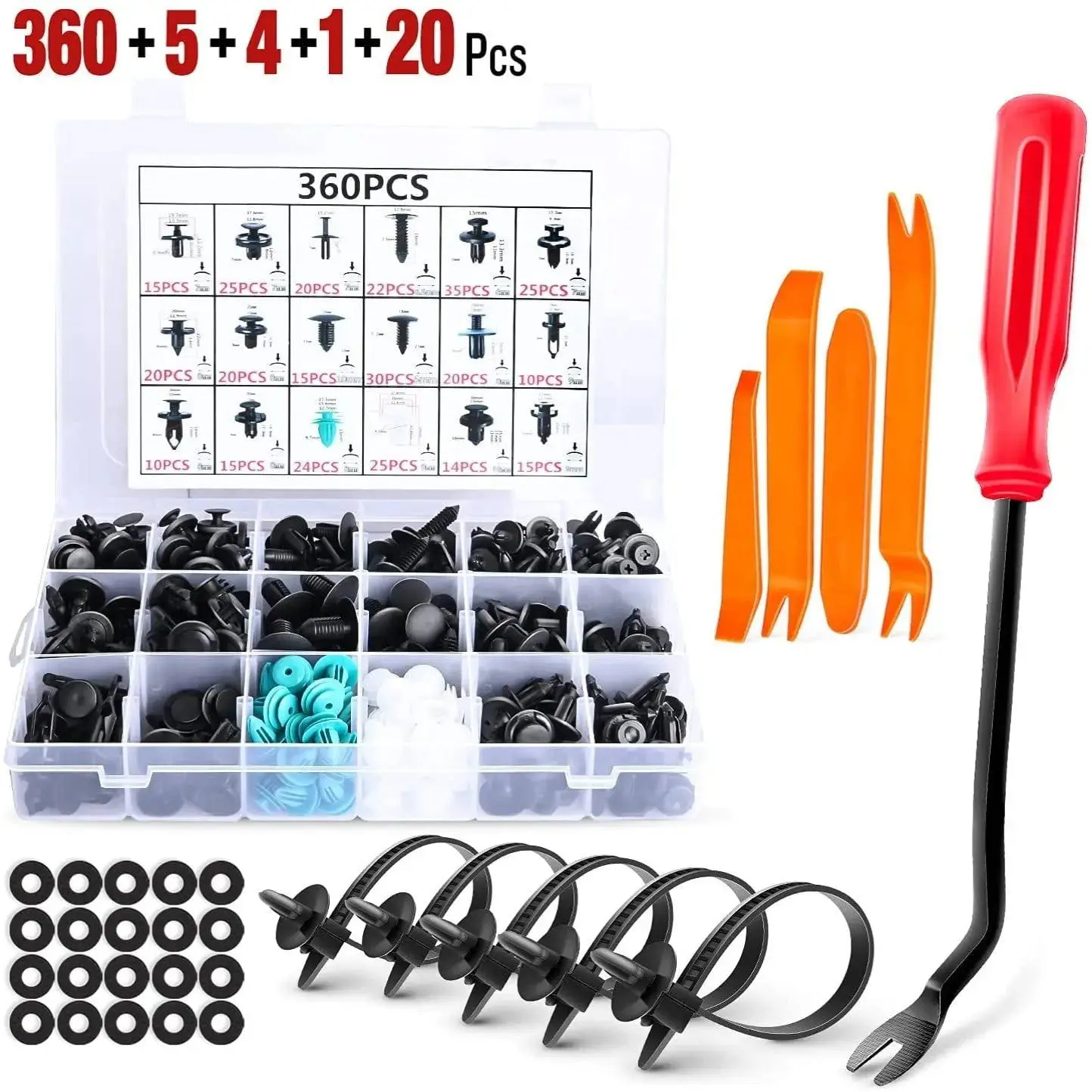 Nilight Premium Quality Material Sturdy Retainer Assortment - 390 Pcs Bumper Clips, 360 Pcs 6mm-10mm Push-Type Car Retainers for Door Trim & Radiator Shield, Bonus Cable Ties & Convenient Storage Case