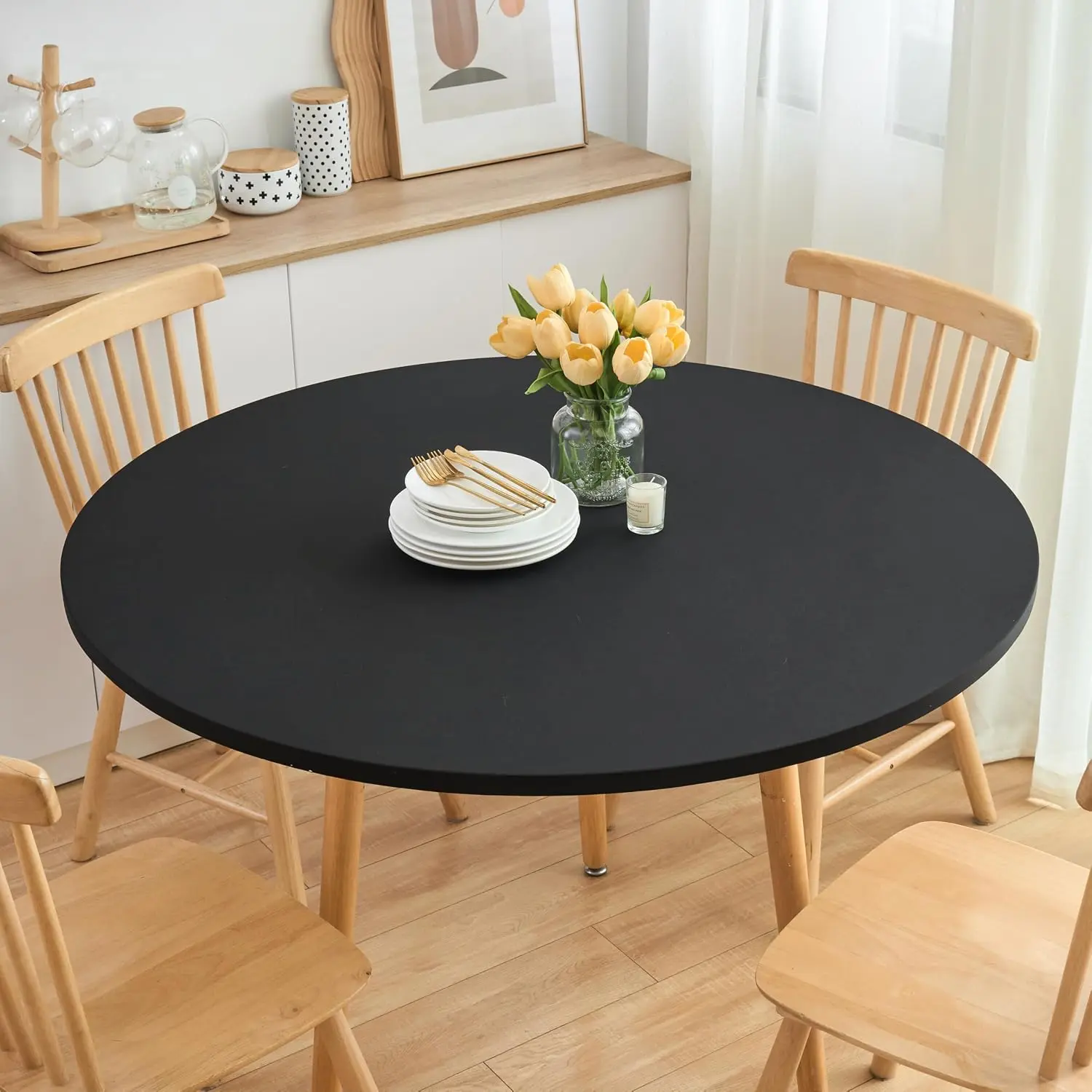 Round Spandex Tablecloth, Elastic Fitted  Table Cover, Stretch Washable, for Camping, Dining, Indoor and Outdoor Use (Black, for Up to 36"-44" Round)