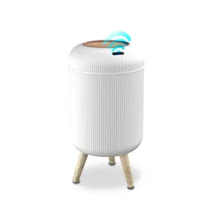 Touchless Sensor Garbage Bin, Nordic Modern Waterproof Induction Waste Bin, Compact Space-Saving Multi-Function Trash Can with Wood Legs - White & Black