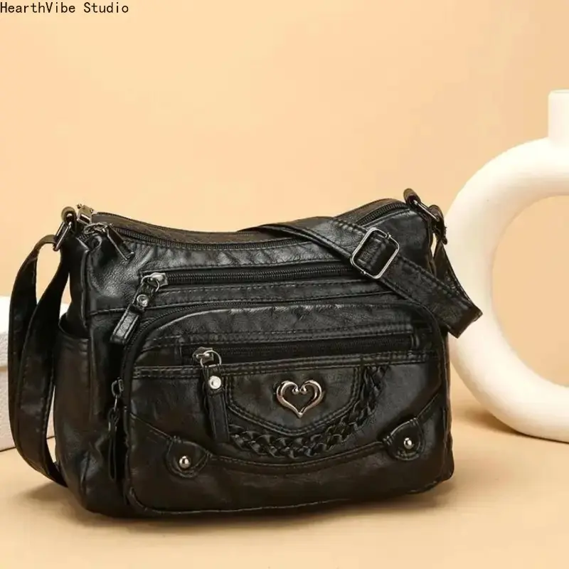 Women's Funky Peppy Glamorous Heart Pattern Genuine Leather Crossbody Bag - Multi Pockets, Spacious, Casual for Gym, Daily Use - Romantic Anniversary Gift (Crossbody Bags for Women), Fashionable Shoulder Bag, Chic