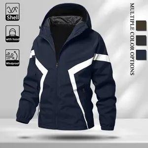 Men Adjustable Drawstring Hood Casual Jacket, Windproof Durable Light Fabric Full Zip Outerwear with Symmetric Chevron White Stripes, Elastic Cuffs Zipper Side Pockets, Loose Fit Coat for Sports Hiking Daily Street Wear, Multiple Neutral Tone Options