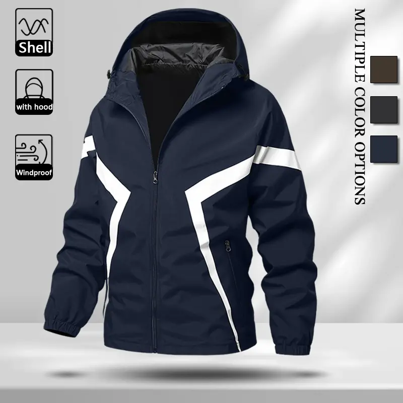 Men Adjustable Drawstring Hood Casual Jacket, Windproof Durable Light Fabric Full Zip Outerwear with Symmetric Chevron White Stripes, Elastic Cuffs Zipper Side Pockets, Loose Fit Coat for Sports Hiking Daily Street Wear, Multiple Neutral Tone Options