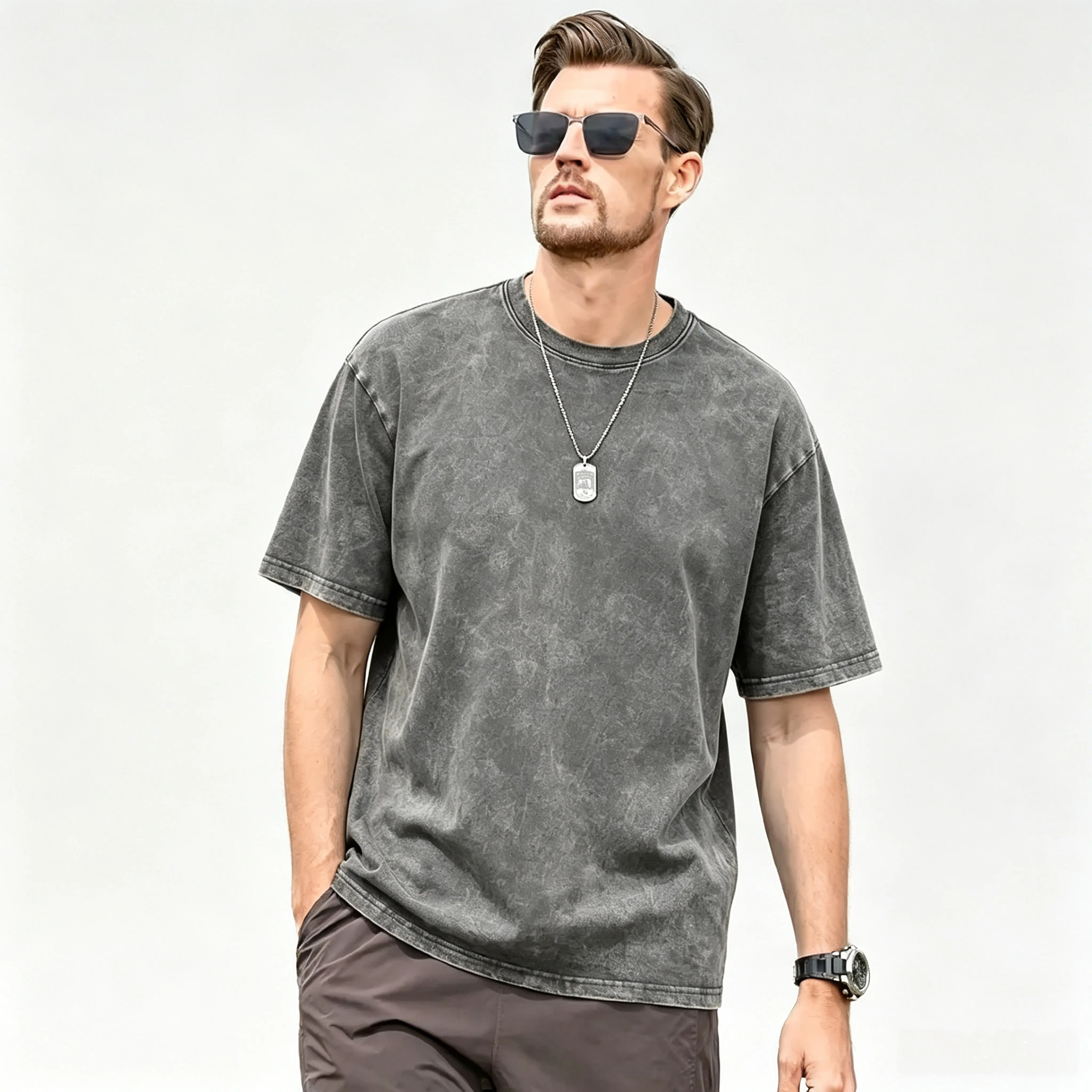 Men's Loose-Fit Stone-Wash Pure Cotton Retro Crew Neck 5-Point Sleeve Short-Sleeve T-Shirt with Faded Texture - Daily Wear, Running Top