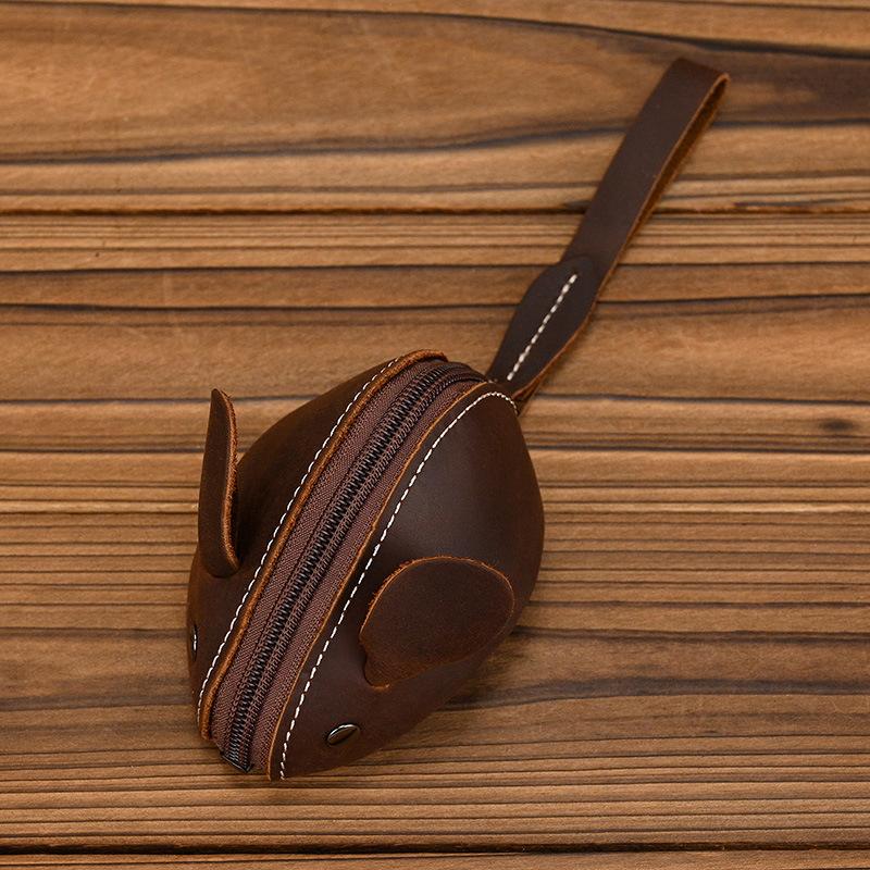 Unisex Crazy Horse Leather Card Holder & Coin Purse | Genuine Cowhide Mini Wallet, Cute Mouse Animal Design, Zipper Closure Slim Card Case, Durable Lightweight EDC Pocket Wallet for Daily Casual Use