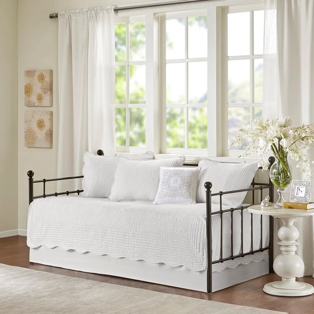 Nokaa 6-Piece Reversible Scalloped Edge Daybed Cover Set – Quilted Bedspread, Bedskirt, Shams & Decorative Pillow for Twin Size, Polyester, White, Machine Washable