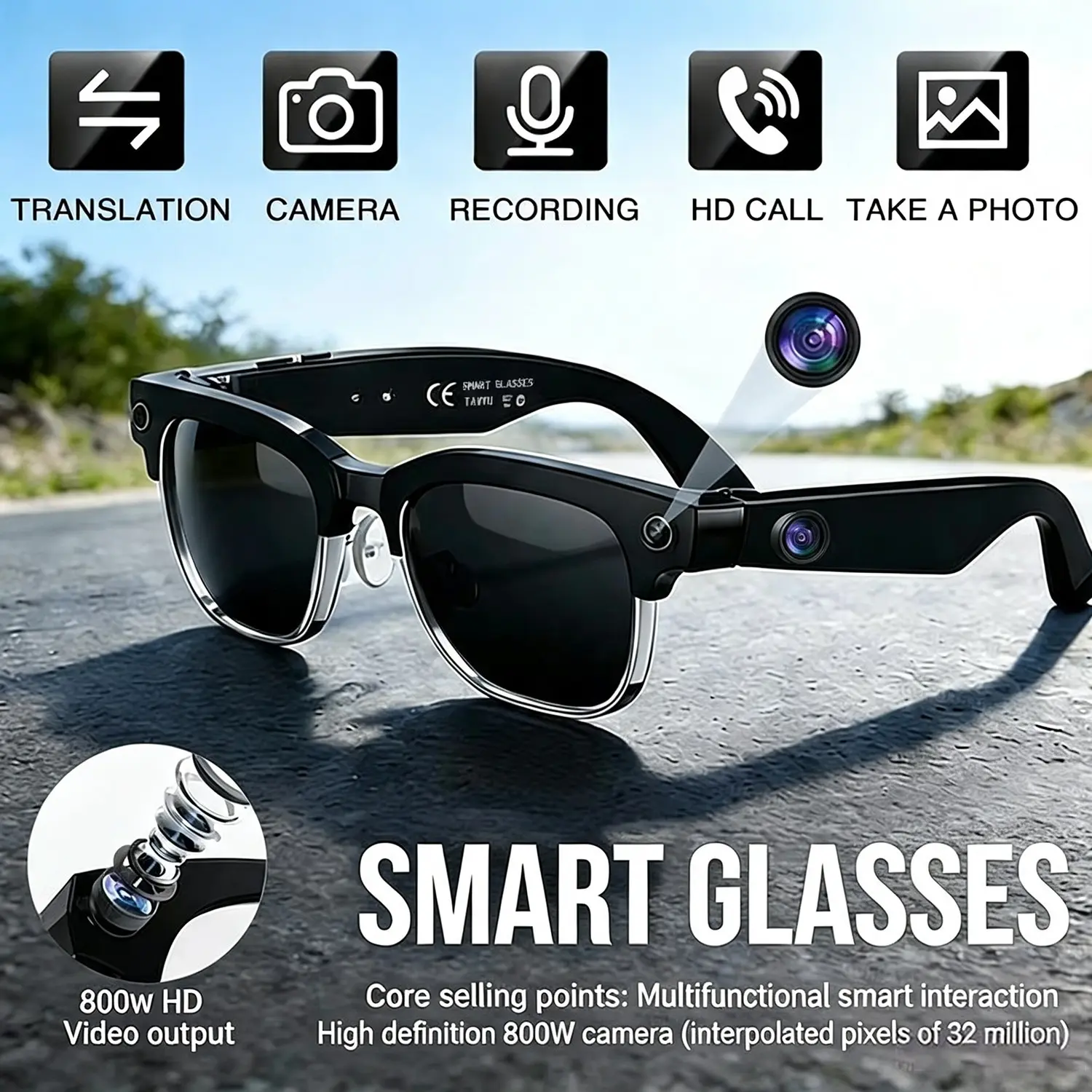 AI Smart Translation Glasses Recognition 8MP HD Camera Video Audio Recording Outdoor Sunglasses BT Calling Wearable Headset