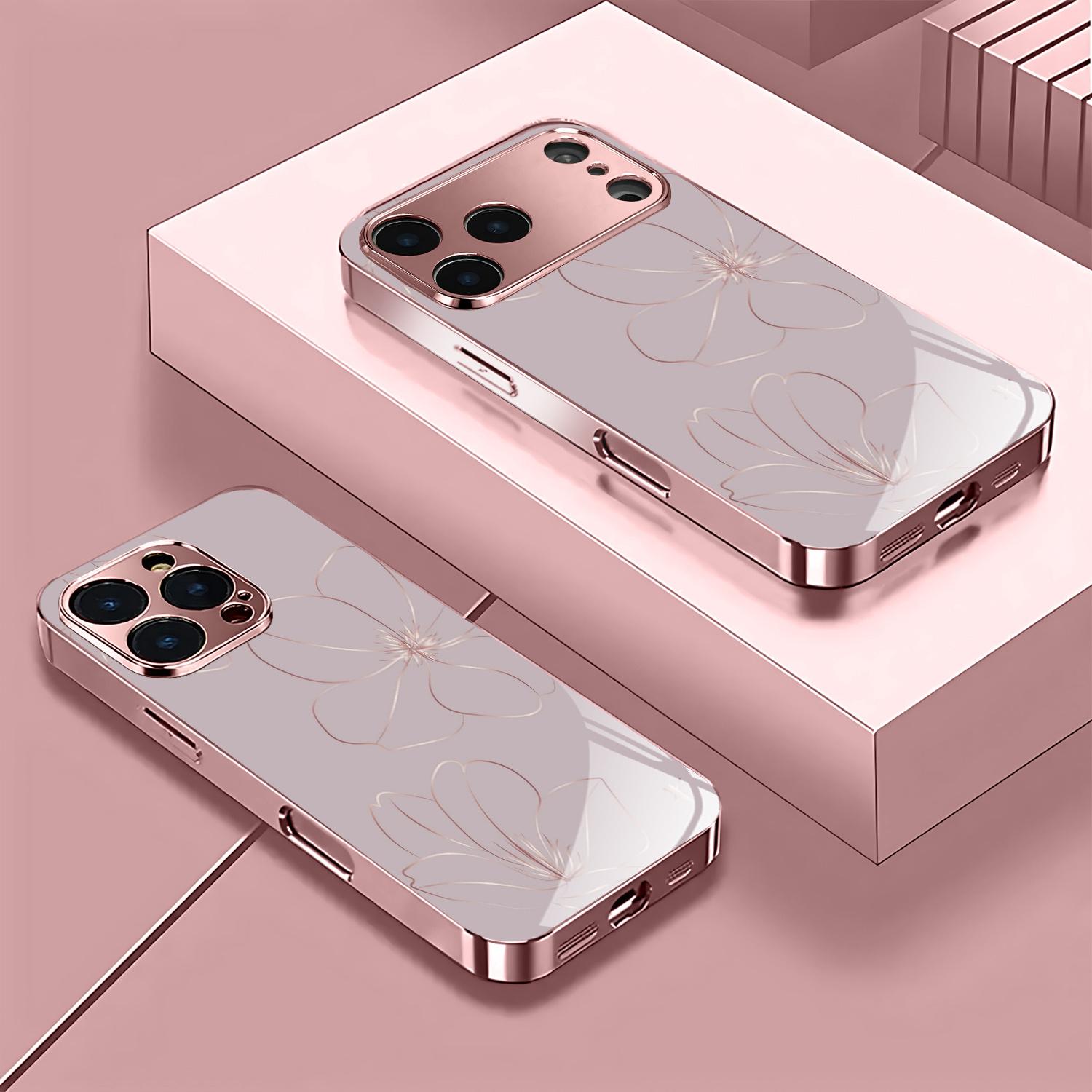 Flower Rose Gold/Plated Pink Phone Case Cover for iPhone 17/16/15/14/13/12/11/X/XR/XS MAX Pro Air Pro Max Plus Mini Couple Style, Cute, Fashionable, Christmas, Tempered Glass Protective Case, Phone Protection, Modern Phone Case, UV Printed Design, Accesso