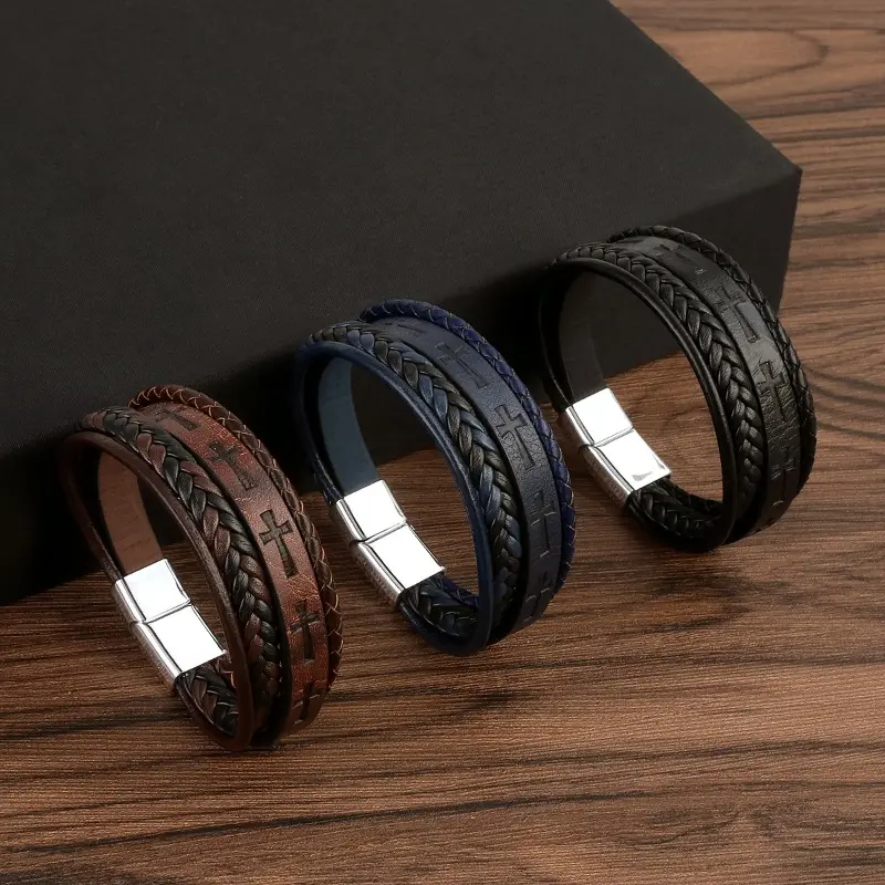 New Punk Styie Cross Leather Bracelet Creative Retro Personalized Magnetic Buckle Brown Men's Leather Bracelet