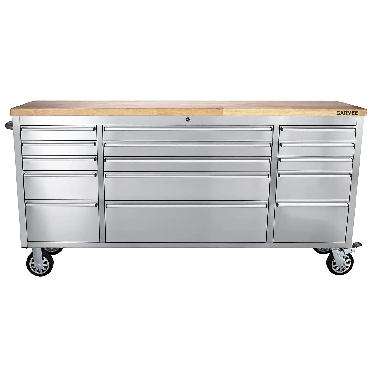 GAOMON Heavy-duty 72-inch stainless steel rolling toolbox and workbench with 15 lockable drawers, sturdy rubberwood countertop, and locking wheels for garages and workshops in silver