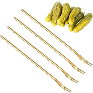 4Pcs Pickle Forks, 8.66 Inch Pickle Forks for the Jar Gold Long Handle Pickle Grabber Tool Olive Fork Stainless Steel Cocktail Fork for Jars Olives Cocktails Desserts Fruit