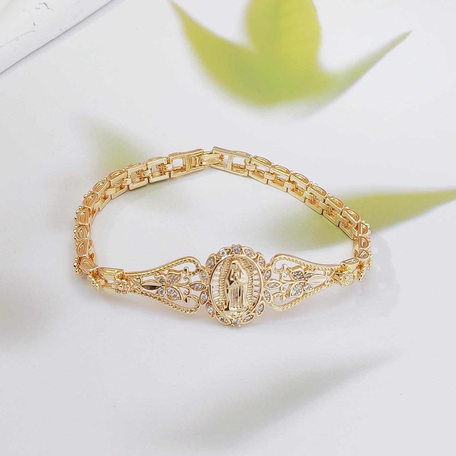 Gold Plated Copper Hollow Flower Virgin Mary Bracelet, Geometric Watch Chain Design, Trendy Boho Religious Jewelry for Women, Versatile for Daily Wear, Parties & Festival Outfits