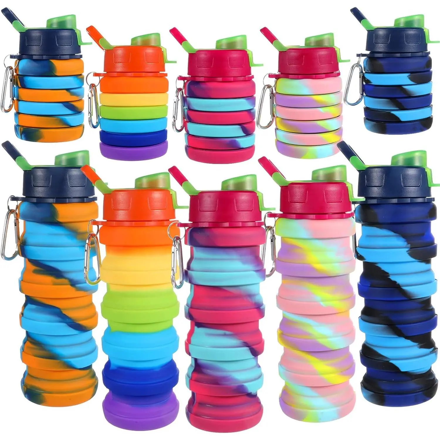Foldable water bottle.Silicone portable and lightweight foldable water bottle, equipped with a carabiner, leak-proof and reusable, suitable for travel, camping, hiking, cycling, sports, and outdoor activities