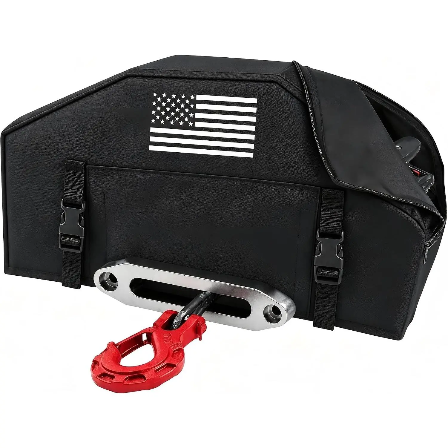 Winch Cover with Flag Pattern Top Zipper fit 8000-13500lbs Winch | Heavy Duty 900D Oxford Fabric，UV-Resistant Waterproof Dustproof UV Sun Tear Resistant,Indoor/Outdoor,winch accessories
