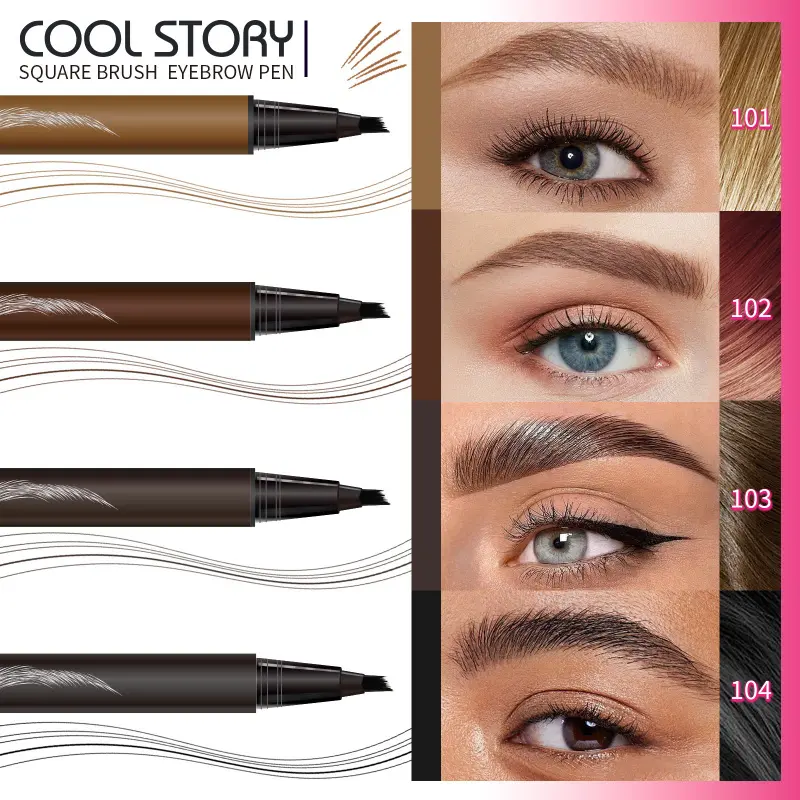 1Pc COOL STORY Square Brush Liquid Eyebrow Pen, Eyebrow Pencil Brow Styling 4 Color Shades Quick Drying Waterproof Sweat Proof Smudge Resistant Natural Hair Like Strokes Precise Fine Tip Portable For Daily Office Party Makeup Beginners Brow Shaping Lovers