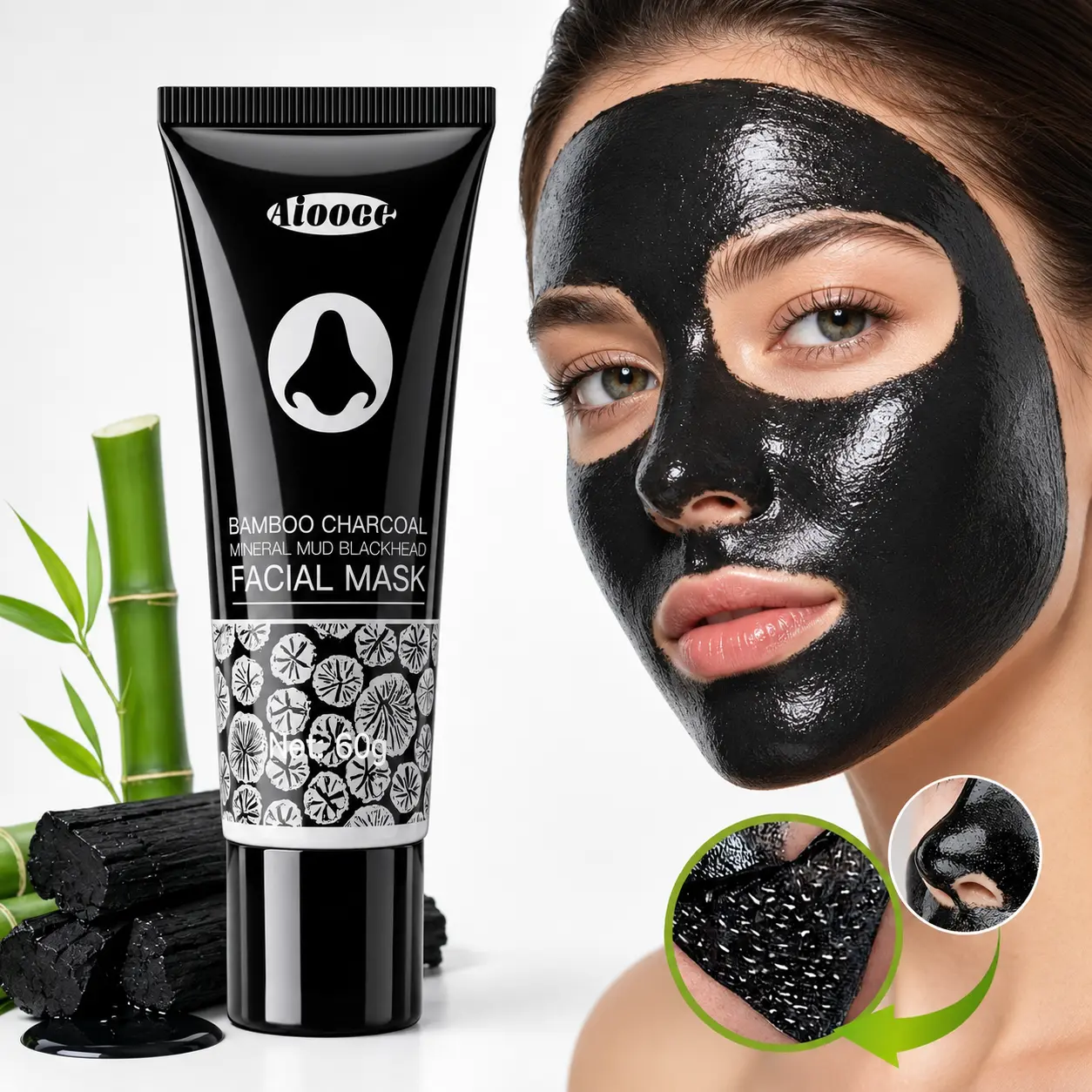 Bamboo Charcoal Clay Facial Mask, Deep Cleansing Mud Treatment That Purifies Skin and Removes Blackheads for Most Skin Types, 60g, Daily