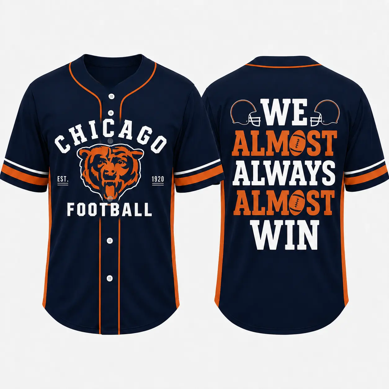 Button Up Baseball Jersey with Funny Football Graphic for Youths and Adults, We Almost Always Almost Win Print Short Sleeve Sports Shirt for Game Day Casual Fan Wear