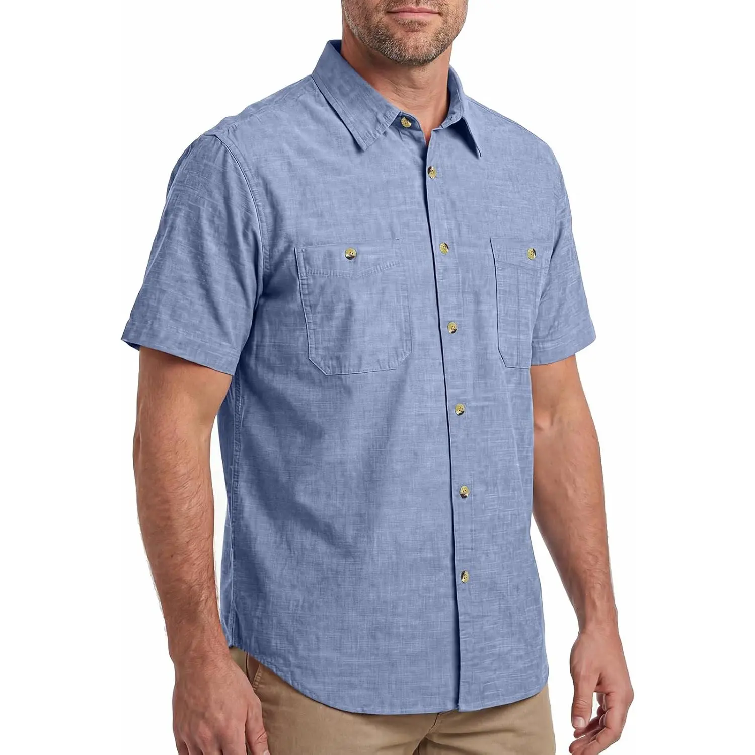 HISEA Men's Chambray Shirt Short Sleeve, Cotton Button Down Shirts for Men, Casual Lightweight Shirt with Pockets