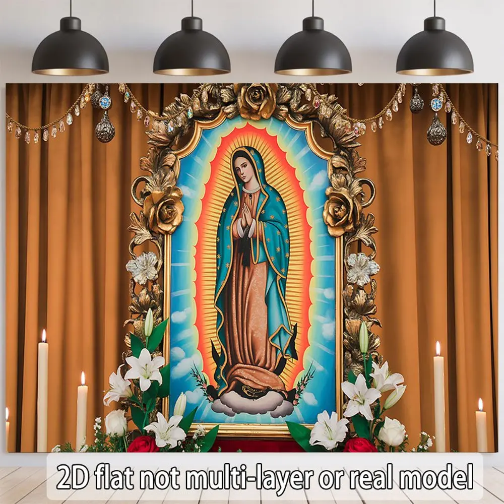 2D Flat Banner Our Lady of Guadalupe themed HD digitally printed polyester photography backdrop, soft lightweight foldable background cloth suitable for religious events, portrait photography, video studio, product shooting, and i
