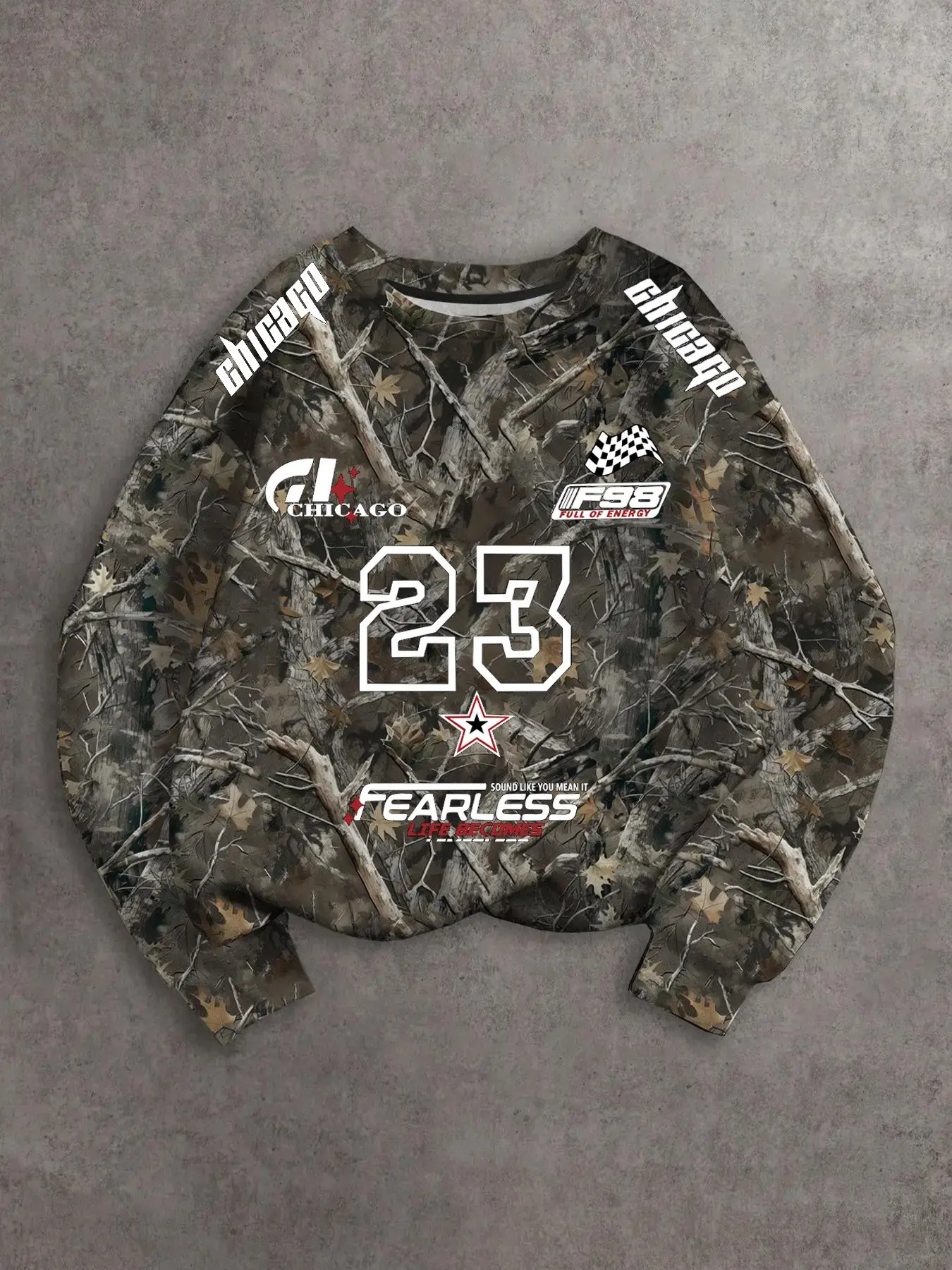 Vintage Y2K Men Forest Tree Camo Graphic Crewneck Long Sleeve Top Male Thin Smooth Knit Wind Resistant Stretch Pullover Multi Retro Racing Sport Prints Chicago Sleeve Logo Number 23 Star Fearless Branding Loose Drop Shoulder Camouflage Top For College Guy
