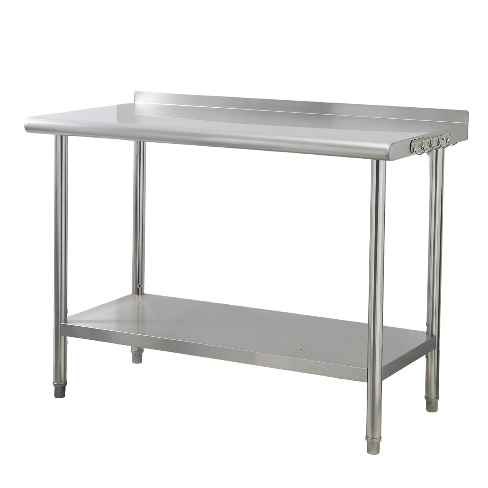 GAOMON 48 inch Stainless Steel Curved Edge Double Layer Work Table with Backsplash, Heavy Duty Commercial Prep Table Featuring 0.7mm Thick Steel, Optional Casters, and Convenient Hook
