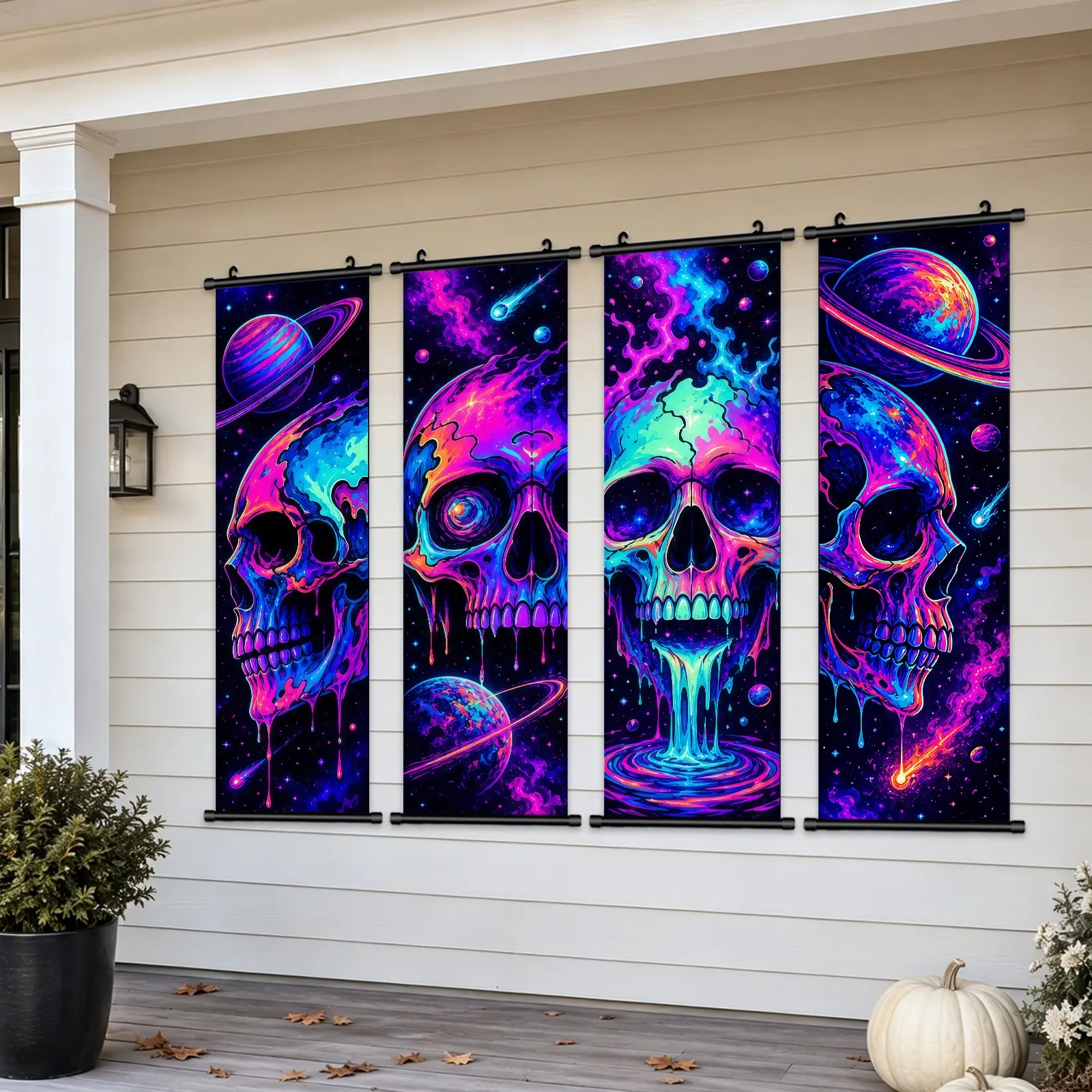 Halloween Decorations Large 4Pcs Cosmic Neon Skull Portraits Vintage Vinyl Backdrop Decor Outdoor Horror Poster For Indoor Holiday Home Wall Art Wallpaper Hanging Porch Sign Banner Party Wall Decor High Quality Waterproof Painting Hd Artwork