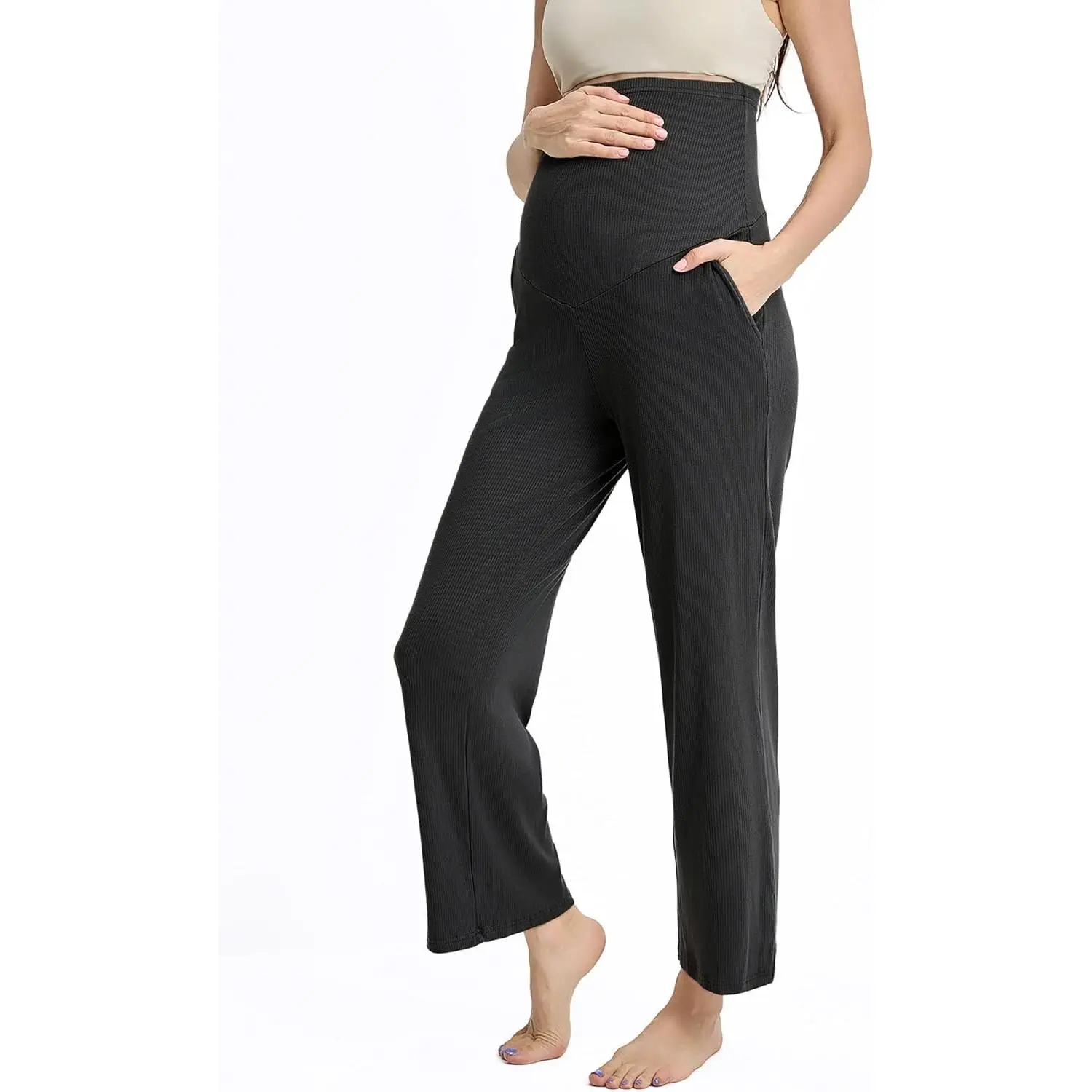 Womens Maternity High Waisted Lounge Pants Casual Stretchy Ribbed Palazzo Pants Pregnancy Trousers with Pockets