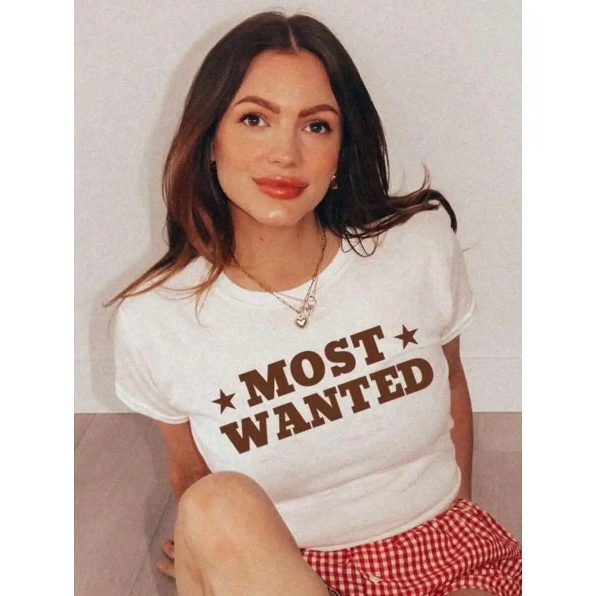 Women's Casual White Cropped T-Shirt With 'MOST WANTED' Print, Short Sleeve Round Neck Tee, Medium Stretch For Everyday Style