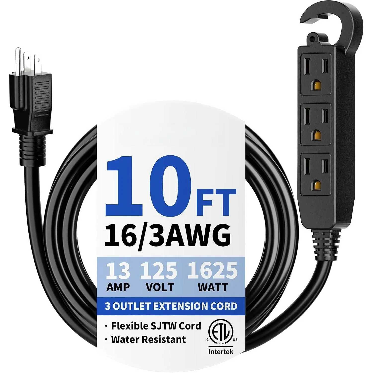10 Ft 3 Outlet Outdoor Extension Cord , Grounded Extension Cord with Multiple Outlets, 16/3 AWG 3 Prong Power Strip for Garden, Patio, Camping, 13A 125V 1625W, ETL Listed, Black