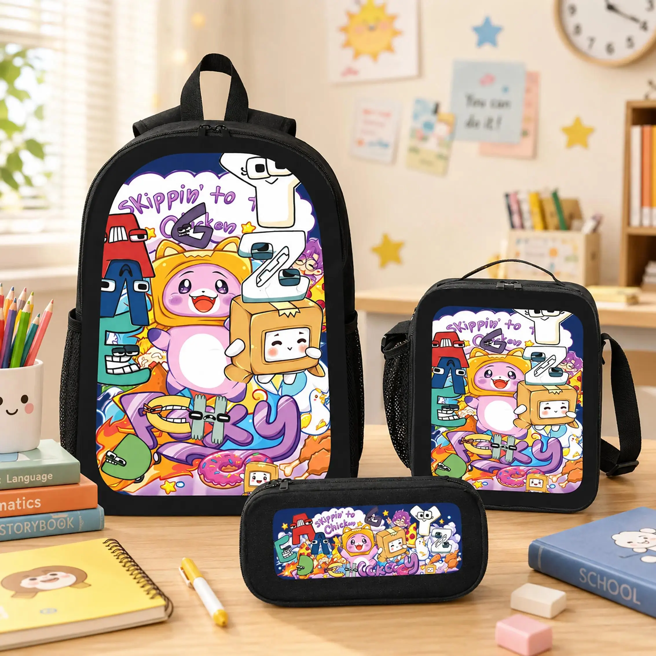 Lankybox Backpack Set Polyester 3 Piece Backpack Lunch Bag Pencil Case Large Capacity Lightweight Bookbag For School Travel Camping Boys Girls Kids Teens Students Cartoon Gamer Fans Back To School Birthday Gift