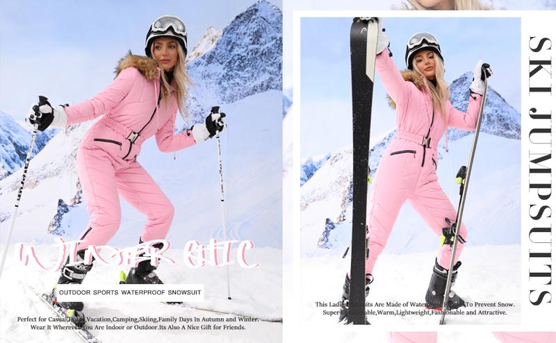 Yousify Women's Winter Ski Suit One-Piece Hooded Fur Collar Jumpsuit Snowsuit Outdoor Sports Coat Waterproof Removable Fur Collar