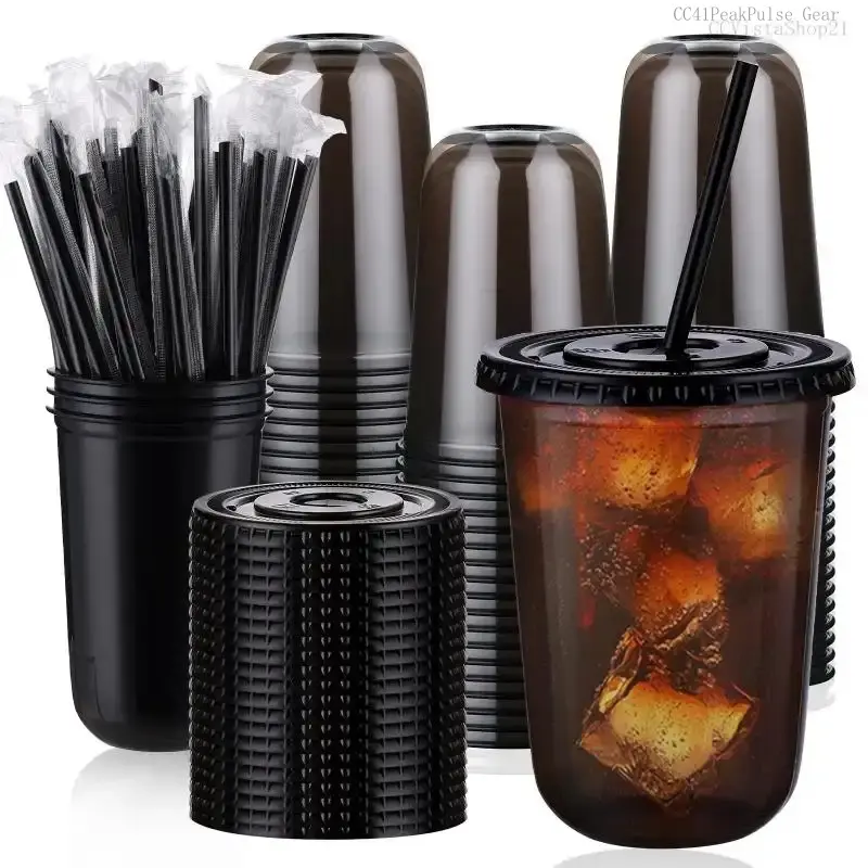 50pcs 16oz Plastic Cups with Lids & Straws – Disposable Black & Clear Cups for Cold Drinks, Smoothies, Slushies, Lemonade, Iced Coffee, Party Supplies, Halloween Pumpkin Latte Essentials Colorful LightweightCCVistaShop21CC41PeakPulse Gear