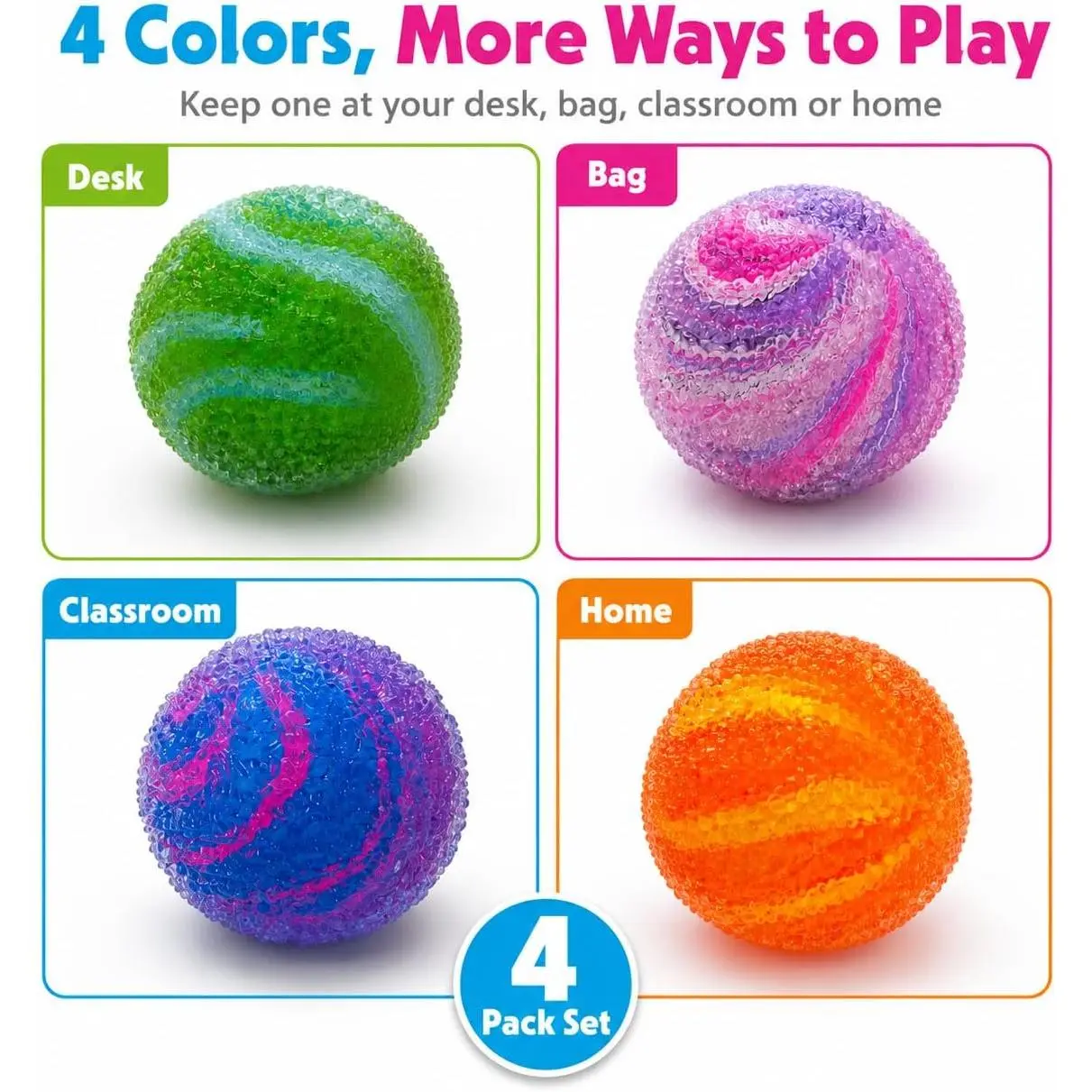 4 Pack Squishy Stress Balls, Stretchy Crystal Textured Fidget Squeeze Balls, Sensory Stress Relief Toys for Kids Adults, Ideal for Party Favors Classroom Prizes Easter Basket Stuffers