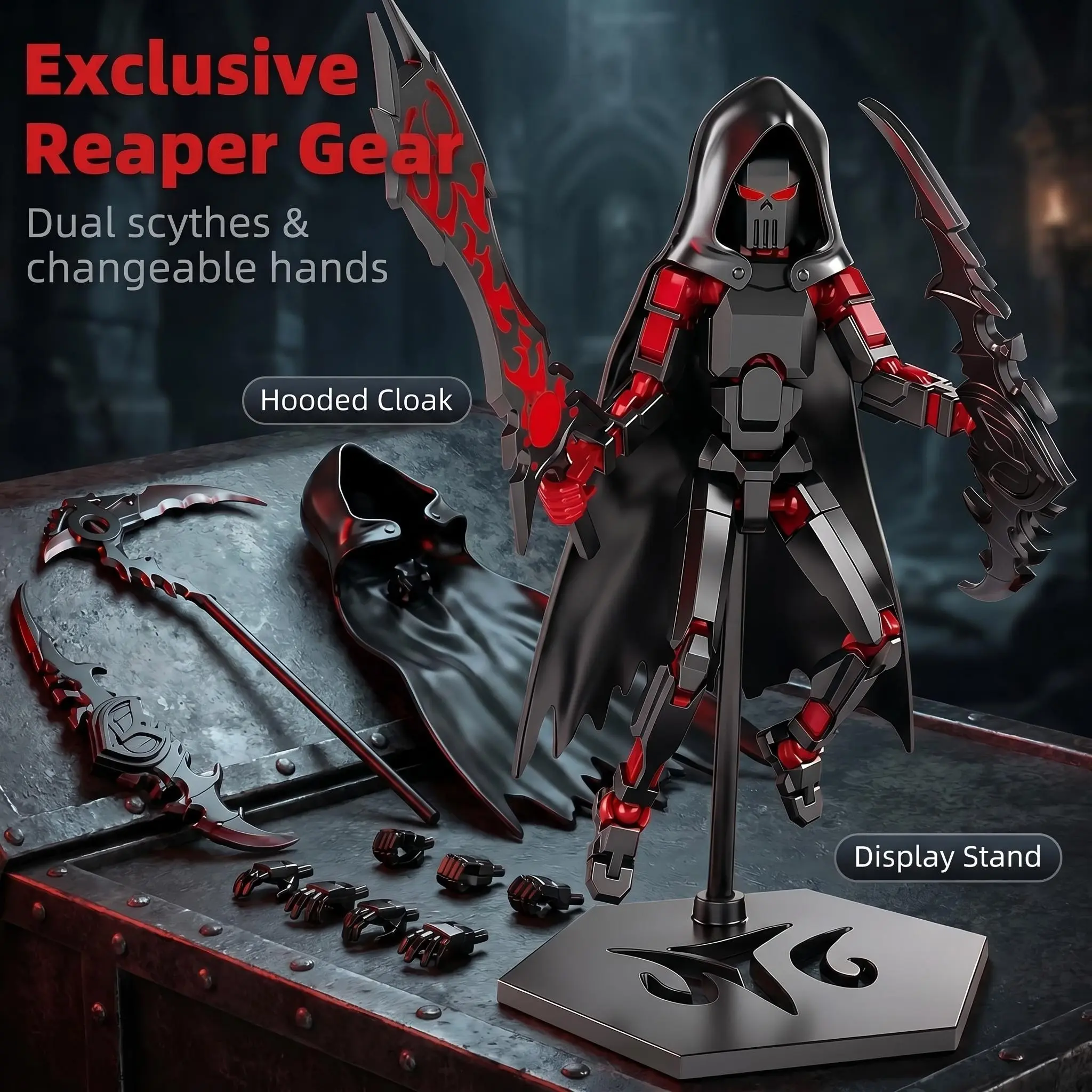 DIY Halloween Grim Reaper Figure, Multi-Jointed Poseable, Includes Cloak and Scythe, Assemble Yourself, Perfect Gift for Boys