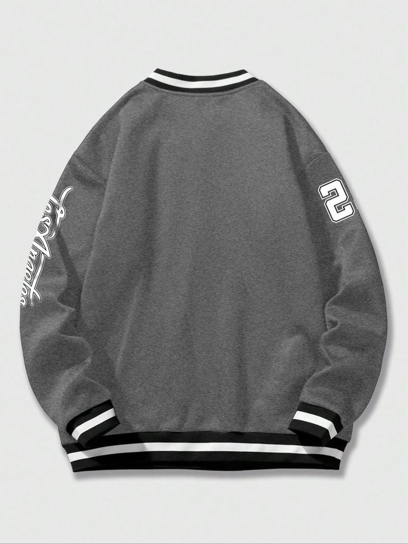 Men's Letter & Figure Print Striped Trim Drop Shoulder Sweatshirt, Loose Casual Preppy Style Long Sleeve V Neck Pullover for Fall & Winter, Men's Clothes for Daily Wear