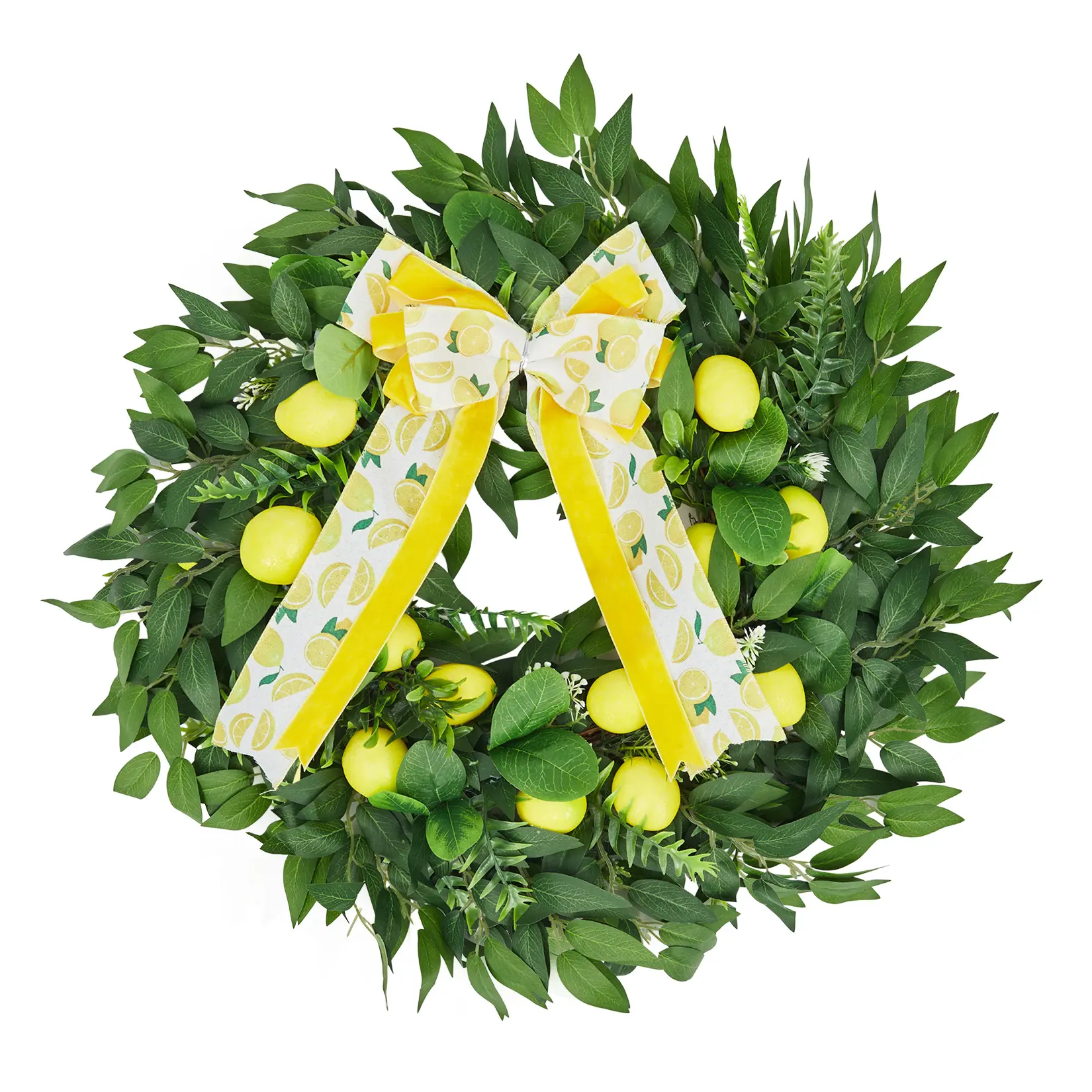 Artificial Lemon Wreath for Home Decor – 24 Inch Faux Greenery with Yellow Lemons, Green Leaves & Bow – Year-Round Farmhouse Decoration for Front Door, Wall or Kitchen – Easy Install