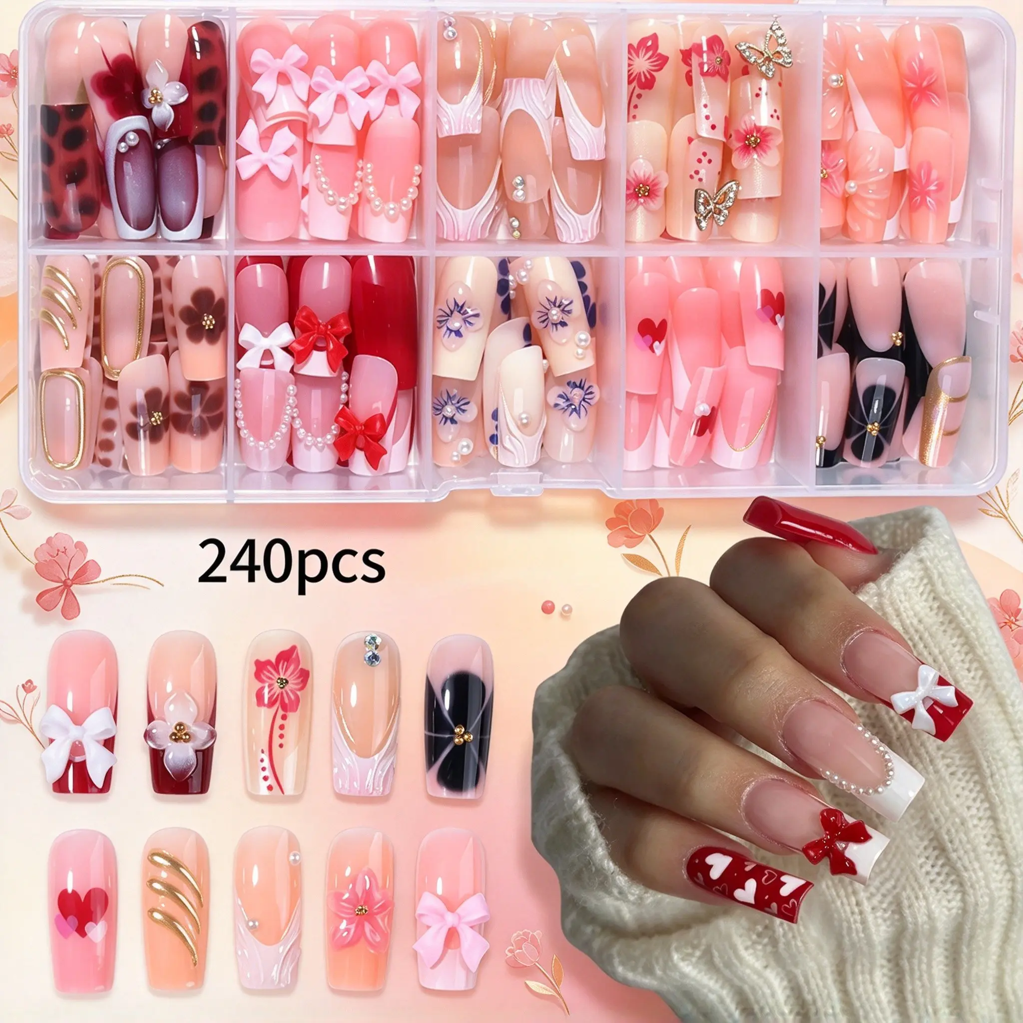 240pcs Long Square Press-On Nails, Fall Winter Bare Nails, French, 3D Gel Flowers, Bow, Beads, Acrylic Set, Jelly Glue, Nail File