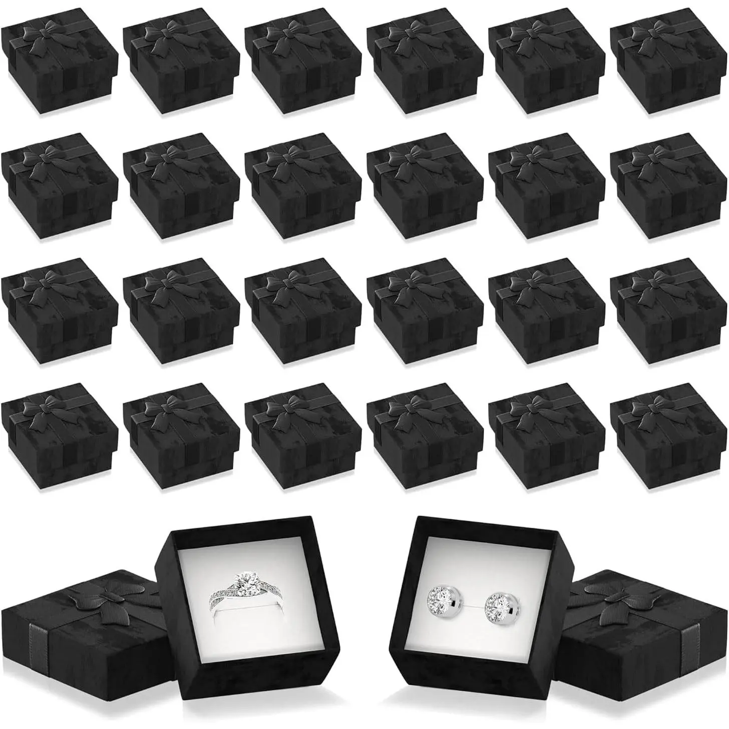 24 Pcs Ring Boxes Bulk, 1.57"x1.57", Cardboard, Foam Insert (Black)(Gift)