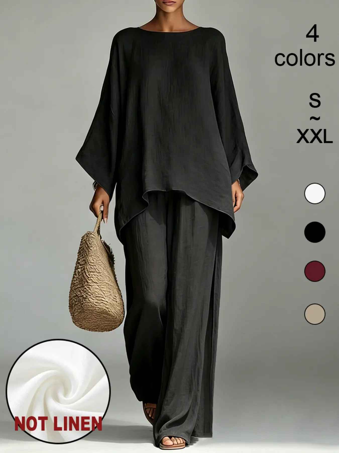 F3550 Minimalist Quiet Luxury Daily Matching Wear, Slouchy Loose Batwing Crew Neck Blouse With Wavy Uneven Hem And Airy Wide Leg Trousers, Light Textured Clean Girl Suit For Travel Holidays And Everyday Relaxed Fits.