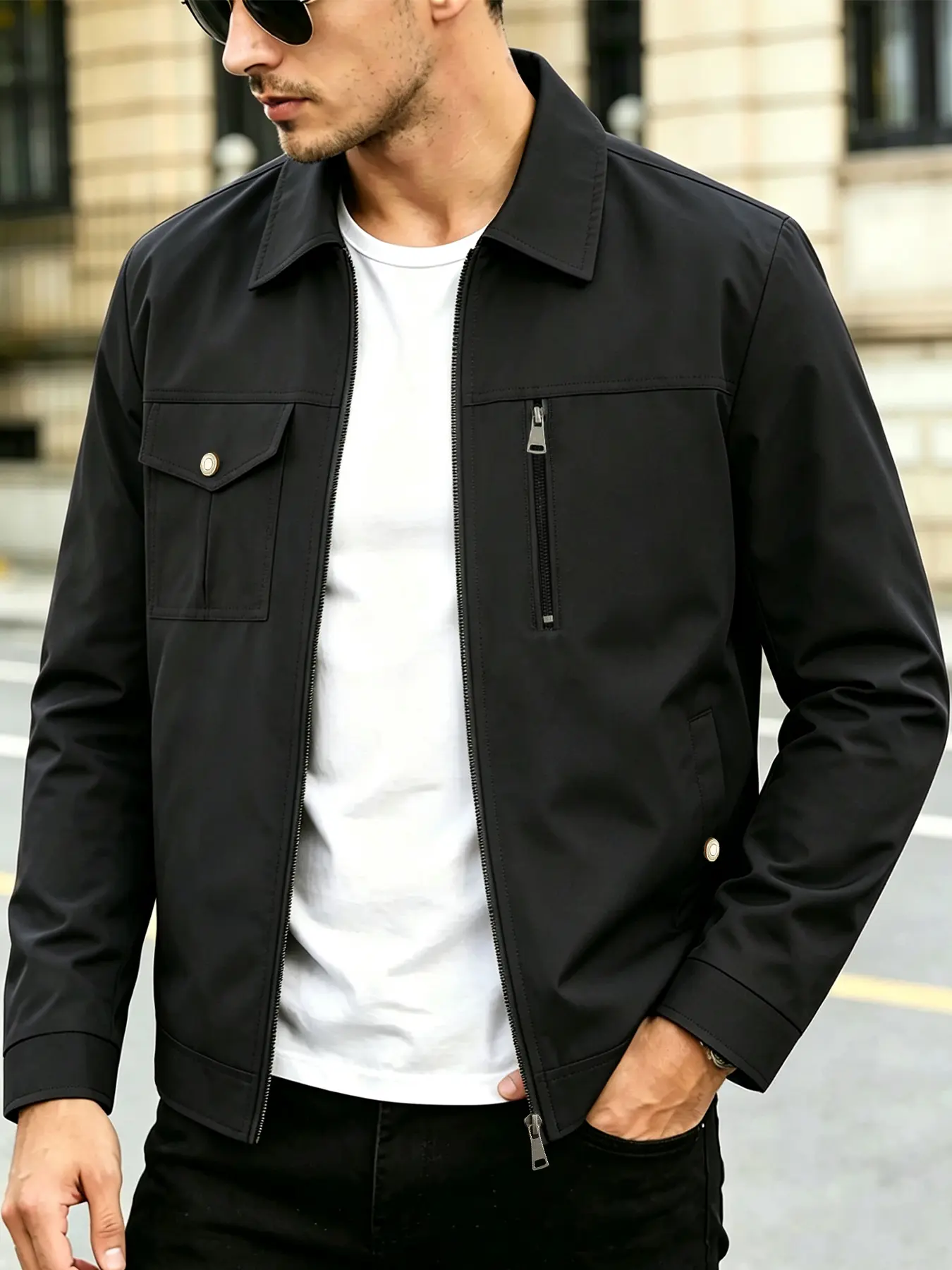 Men's casual jacket with zipper closure - zipper chest pocket and side seam pockets design, lightweight business collar jacket, polyester fiber fabric easy to maintain, suitable for daily outings, sports and formal wear - spring and autumn seasons